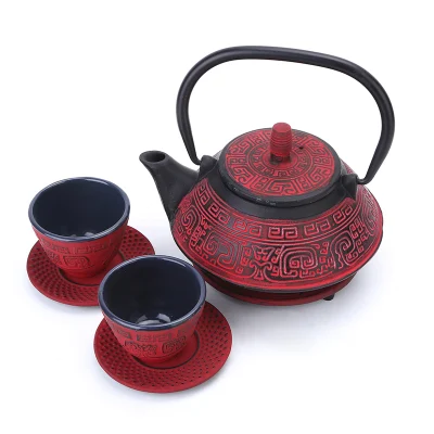 Tea Kettle Set with Base and Filter Enamel Coating Cast Iron Tea Pot